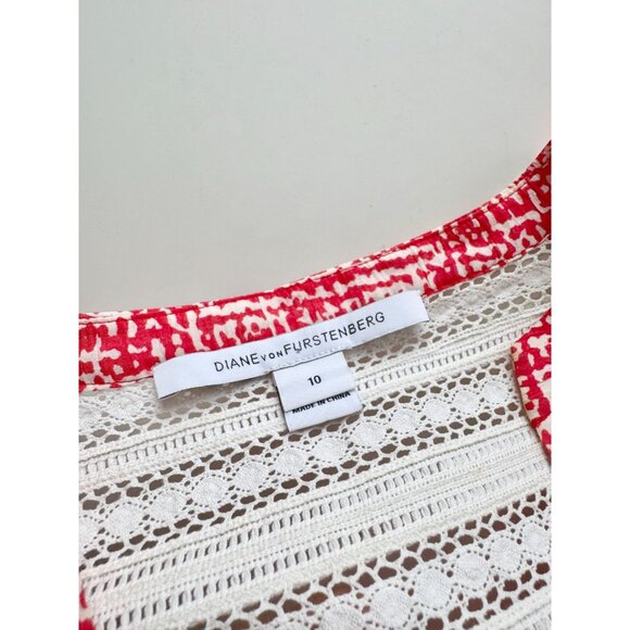DVF DIANE VON FURSTENBERG Gaylen Red Silk Cotton Lace Trim Tunic Blouse, Size 10 - Picture 10 of 14